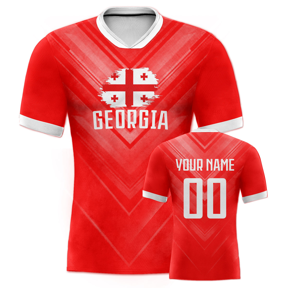 Custom V-Neck Red Gradient Mesh Football Jersey – Georgia Flag Style White Contrast